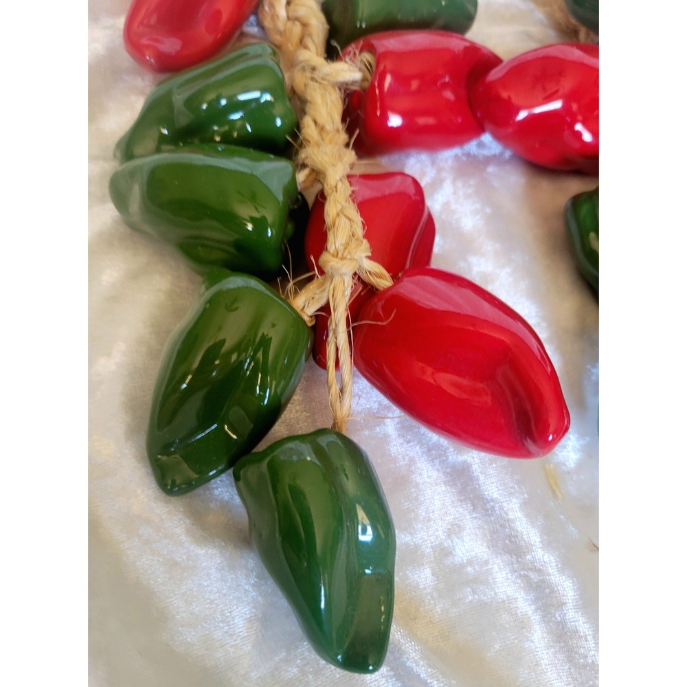 Vtg Ceramic Chili Pepper Ristra Set Jute Rope Red Green Southwestern Kitchen 13" - Picture 2 of 6